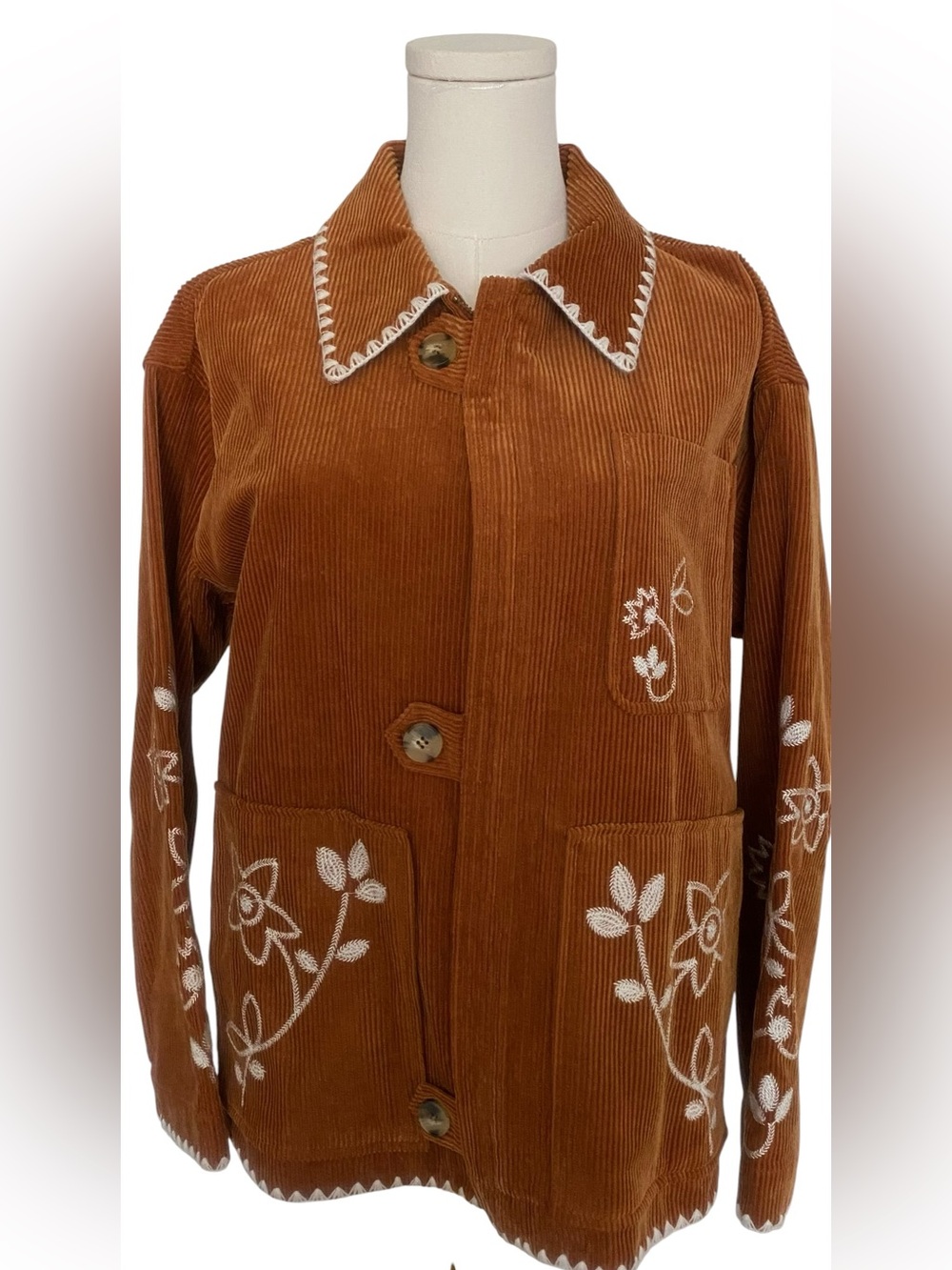 Jacqui E Brown Corduroy Jacket with White Floral Embroidery